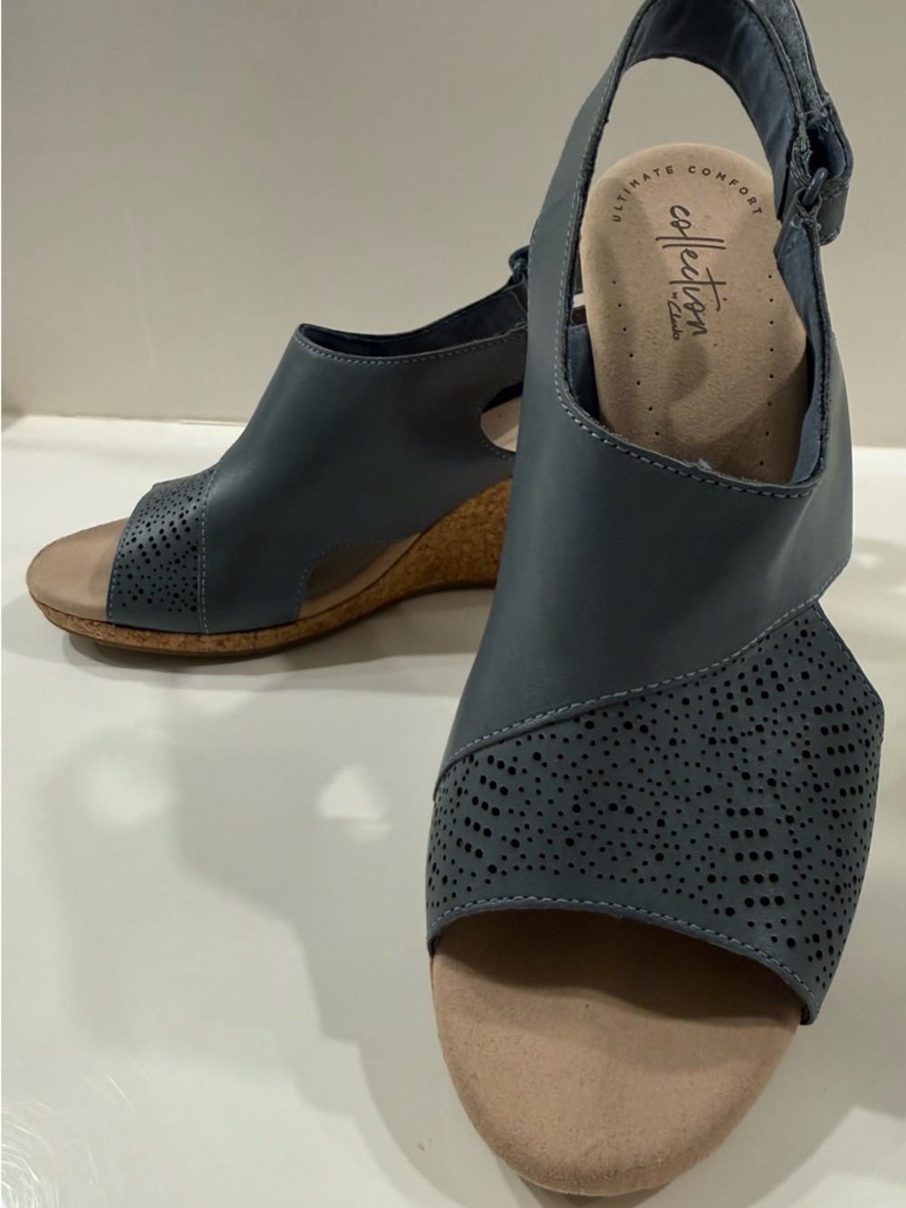 Clarks Lafley Joy Blue Perforated Leather Slingback Wedge Sandals